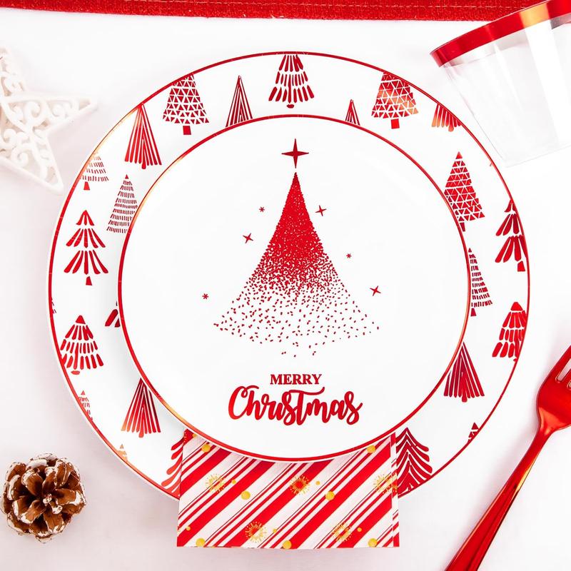 Nervure 175PCS Christmas Plastic Plates - Withe and Red Disposable Plates - Christmas Tree Plates Include 25Dinner Plates, 25Dessert Plates, 75Silverware, 25Cups, 25 Napkins for Christmas Party