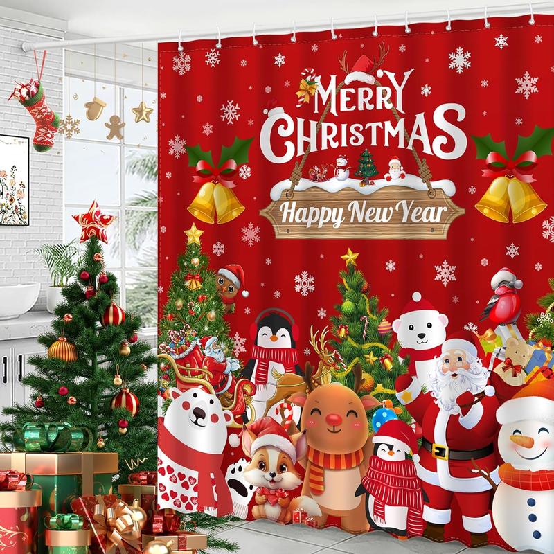 Merry Christmas and Happy New Year Shower Curtain, Santa Claus Snowman Home Bathroom Decor, Polyester Cloth Fabric Bath Curtain with 12 Hooks (72x72 Inches, Christmas Red)