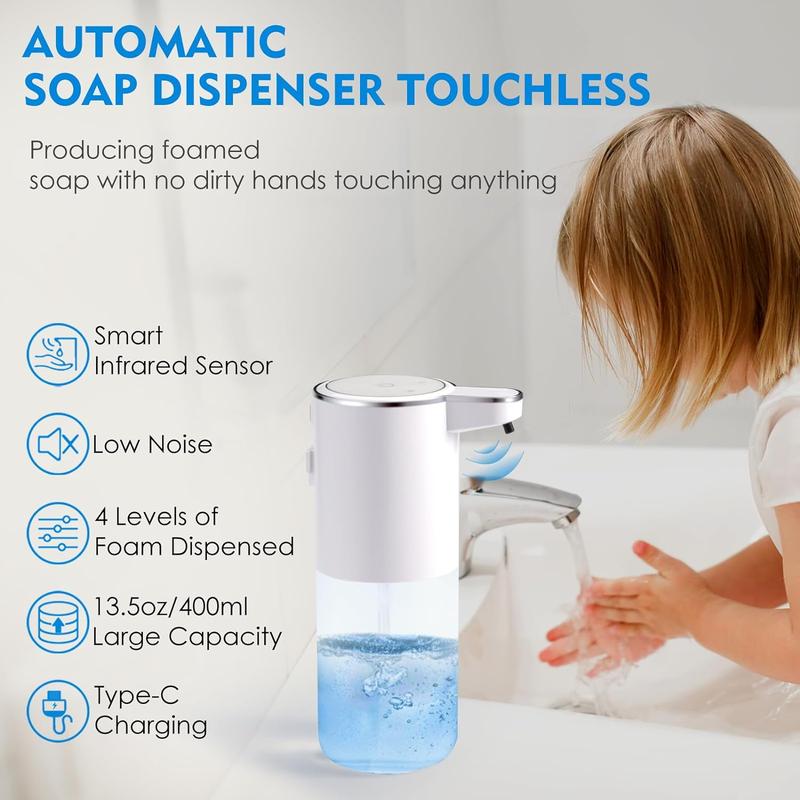 Touchless Automatic Soap Dispenser for Kitchen and Bathroom, Liquid Hand Soap Dispenser, Water-Resistant and Rechargeable, Soap Lotion Gel, 4 Levels of Foam Dispensed - White infrared sensor