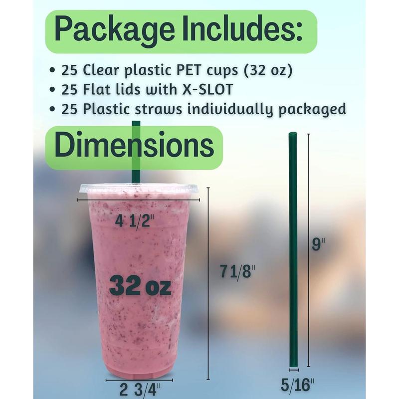 32 oz Clear Plastic Cups with Lids and STRAWS, Disposable Drinking Cups for Cold Drinks, Iced Coffee, Milkshakes, Smoothies, 25 Sets