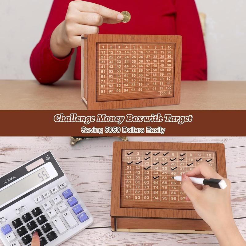 Wooden Money Box Money ,100 Days Saving Challenge Money Box Countdown Money Saving Box with 5050 Dollars Target, Money Box with Numbers to Check for Adults  (100 Days Saving Challenge)