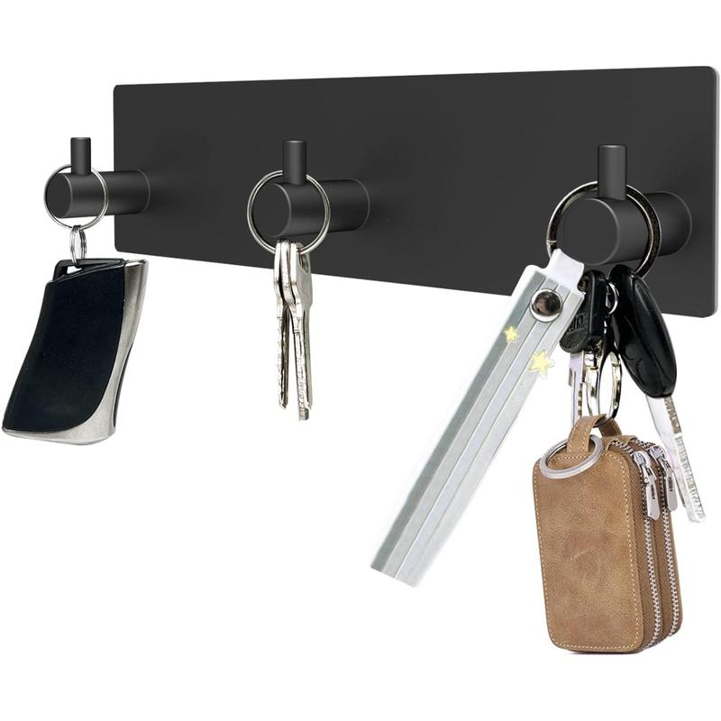 Key Holder for Wall, Self Adhesive Stainless Steel Key Hanger with 3 Key Hooks Wall Mount, Key Rack Organizer for Keys, Coat, Bag, Key Holders for Office, Door, Bathroom, Kitchen - Black