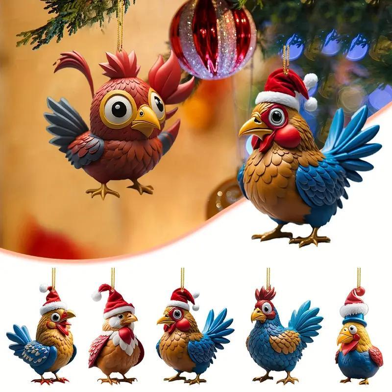 Cute Cartoon Chicken Design Hanging Ornament, 12pcs set Acrylic Bird Pendant, Festive Animal Pendant for Home and Vehicle Holiday Decoration