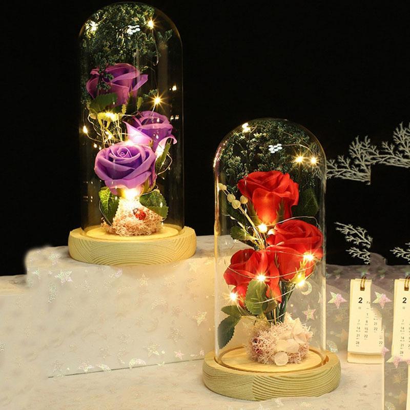 Christmas Artificial Rose with Transparent Glass Storage Box & LED Light, 1 Count Decorative Flower Plants for Home & Party, Decorative Flowers Ornaments DIY Accessories