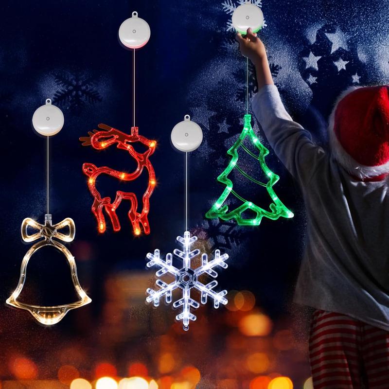 Christmas Window Decorations,4 Pack Jingle Bell Reindeer Christmas Tree Snowflake Christmas Window Lights with Suction Cup,Battery Operated(exclude) Indoor Lights for New Year Decorations Hook Slide