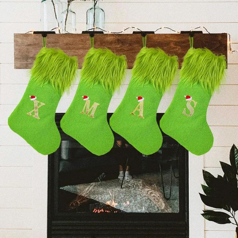 Letter Pattern Christmas Stocking, 1 Count Christmas Themed Stocking with Pom Pom Decor, Hanging Christmas Decoration for Home Party