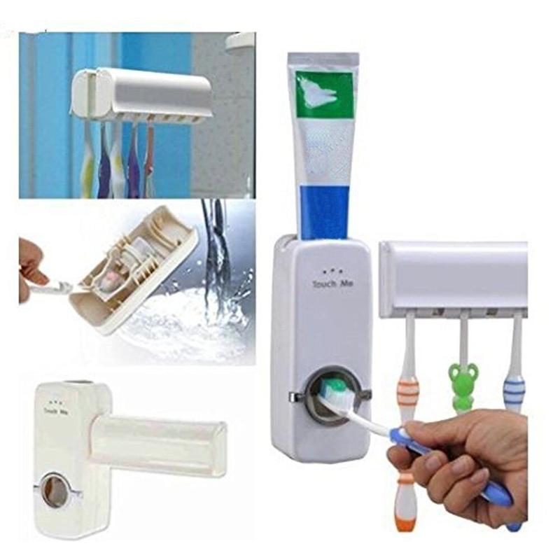 Toothpaste Dispenser + 5 Toothbrush Holder Automatic Wall Mount Stand Bathroom