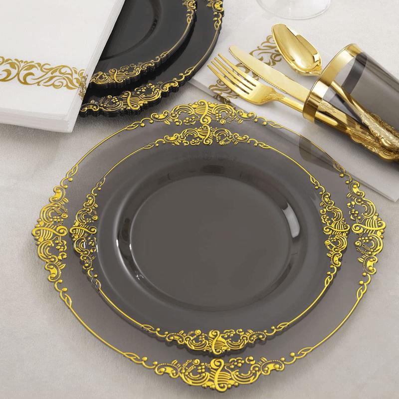 Nervure 175PCS Black Gold Plastic Plates Sets for 25 Guests Include 25 Dinner,Dessert Plates, 25 Cups,Forks,Knives,Spoons,Napkins for Parties&Birthday halloween decor