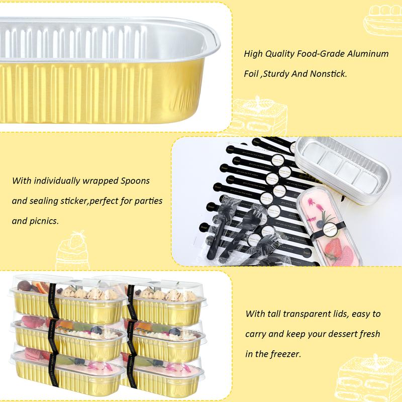 Mini Loaf Pans with Lids and Spoons, 100 Pack, Gold, 6.8oz, Disposable Rectangular Aluminum Foil Baking Pans