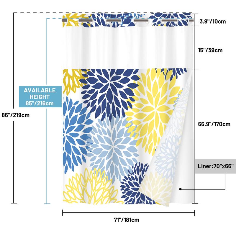 WITHLOC No Hook Shower Curtain with Snap in Liner - Dahlia Floral Shower Curtain - Fabric Waterproof Inner Liner, Plants Yellow Flowers Cloth Shower Curtains - Machine Washable, 71