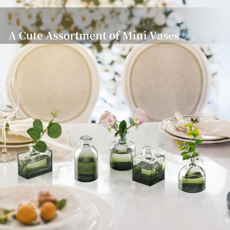 Green Glass Bud Vase: Mini Small Vases for Centerpieces Cute Flower Vase Set of 5 Tiny Vases for Flowers Decorative Centerpiece Vases for Table Decor Wedding Party Dining Room Decoration