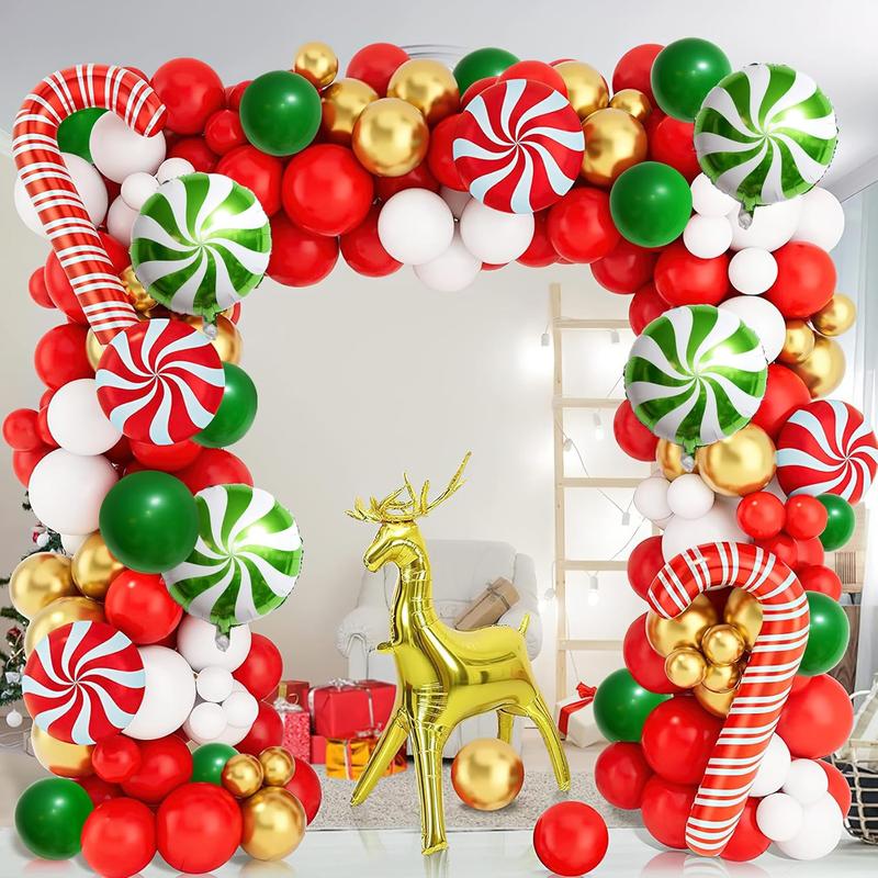 126 Red Green White Christmas Balloon Garland Arch Kit, Gingerbread Holiday Balloon Arch Kit Xmas Christmas Decorations Balloons Christmas Party Garland Balloons Candy Cane Balloon Arch Kit