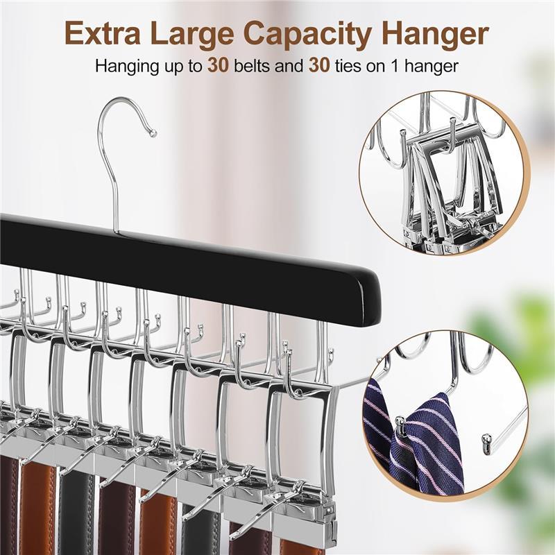 2 in 1 Belt Tie Hanger for Closet Max 30 Belts with 30 Ties Capacity, 20 Hooks Belt Tie Racks Wooden Hanger for Closet Organizer Storage “U” Fit for Belt and “” Fit for Tie - CT47B Hanging