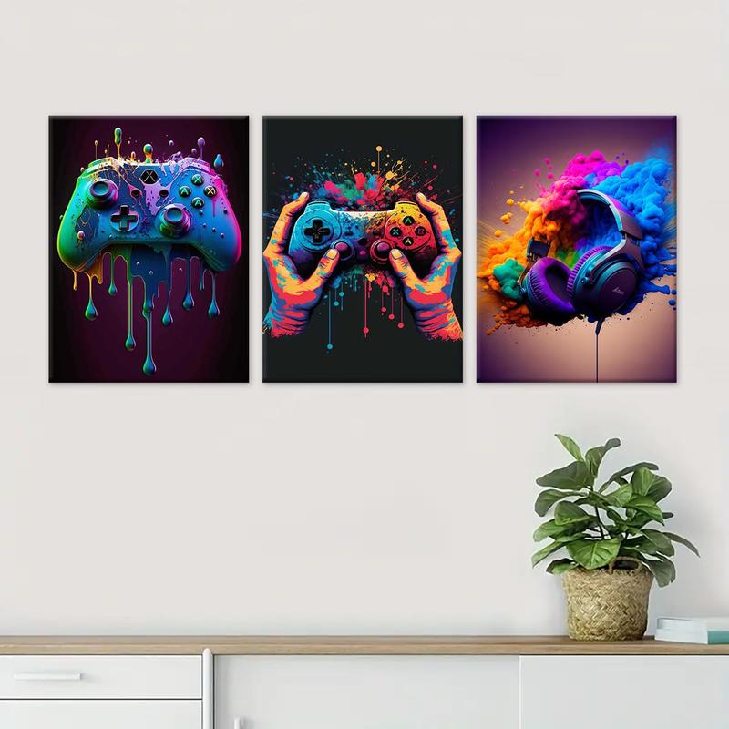 Wooden Framed Canvas Painting, 3 Counts set Game Console Graffiti Poster, Modern Art Wall Decoration, Home Decoration Poster for Living Room, Bedroom