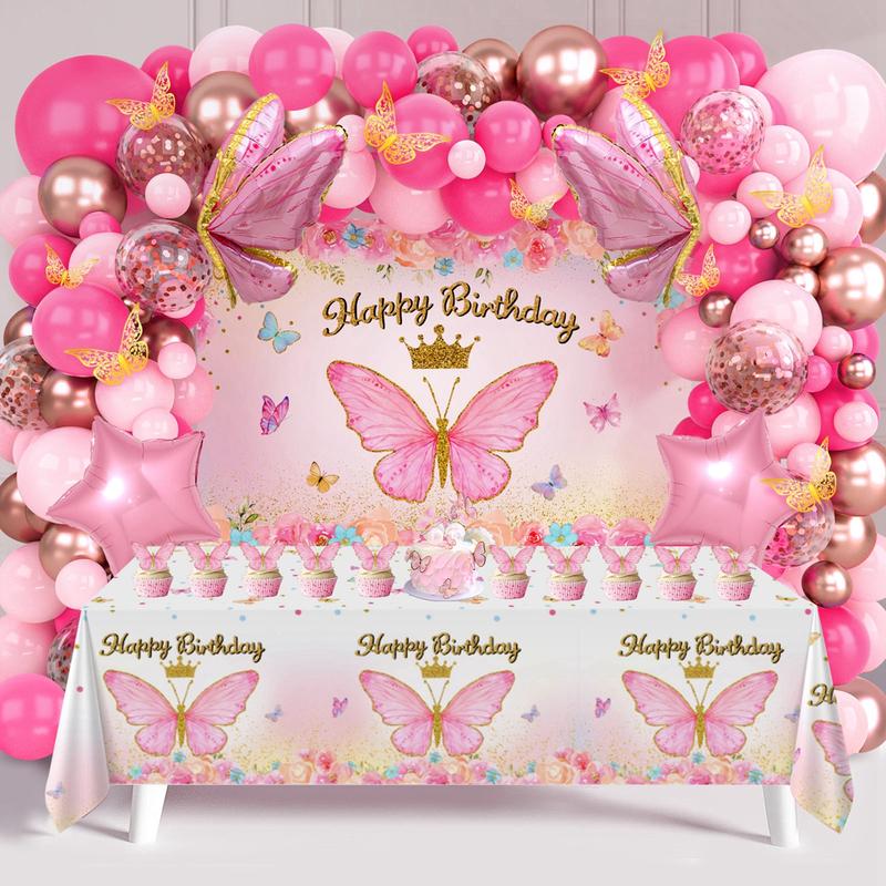 Butterfly Pink Balloon Tablecloth Backdrop Set,94pc Pink Butterfies Latex Balloon Girl Birthday Party Decoration,Happy Butterfly Birthday Ballon Decor