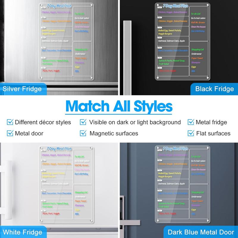 Acrylic Magnetic Calendar, Acrylic Meal Planner Magnetic Menu Board for Kitchen Fridge w  8 Markers, Clear Weekly Calendar Planning Board Noteboard Refrigerator Dry Erase Board to Do Grocery Shopping List Chore Chart, 12.8x9’’ Decor Gift