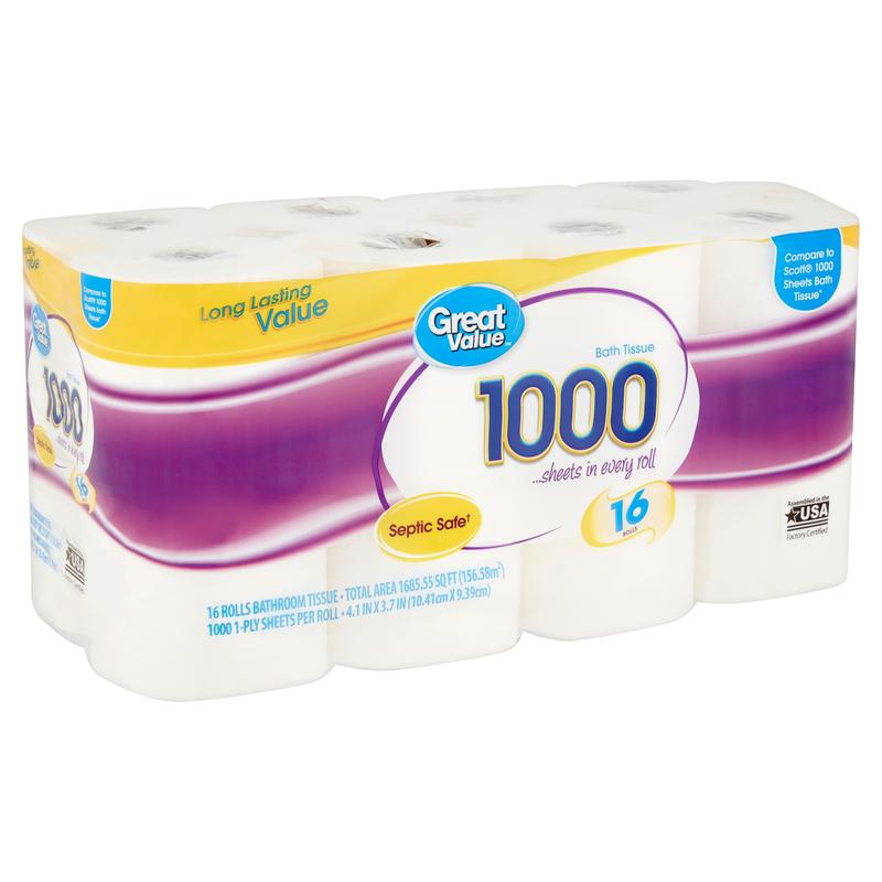 Great Value 1-Ply Tissue 1000 Sheets per Roll, 16 Rolls Bath Tissue Napkin