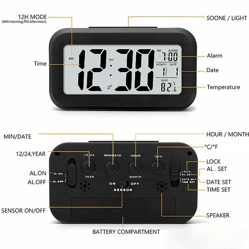 Alarm Clock, 1 Count Battery Powered Desktop Clock with Night Light, Creative Temperature Display Clock, Home Decor Supplies, Batteries Not Included