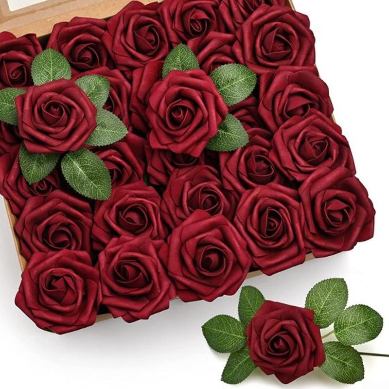 50Pcs Artificial Flowers Rose, Burgundy Fake Roses for Decorations, Real Touch Foam Rose Bulk with Stems for DIY Wedding Bouquets Bridal Shower  decor