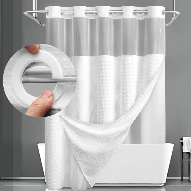 No Hook Shower Curtain with Snap in Liner Set Less Time White Waffle Shower Curtain for Bathroom Light Eye