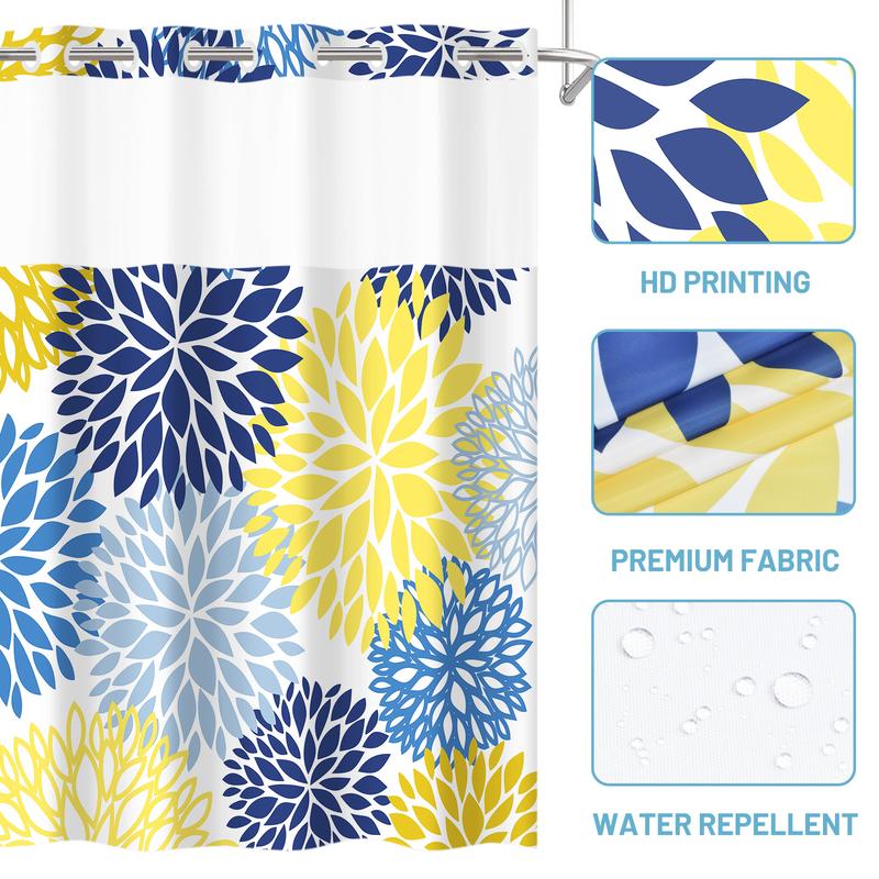 WITHLOC No Hook Shower Curtain with Snap in Liner - Dahlia Floral Shower Curtain - Fabric Waterproof Inner Liner, Plants Yellow Flowers Cloth Shower Curtains - Machine Washable, 71