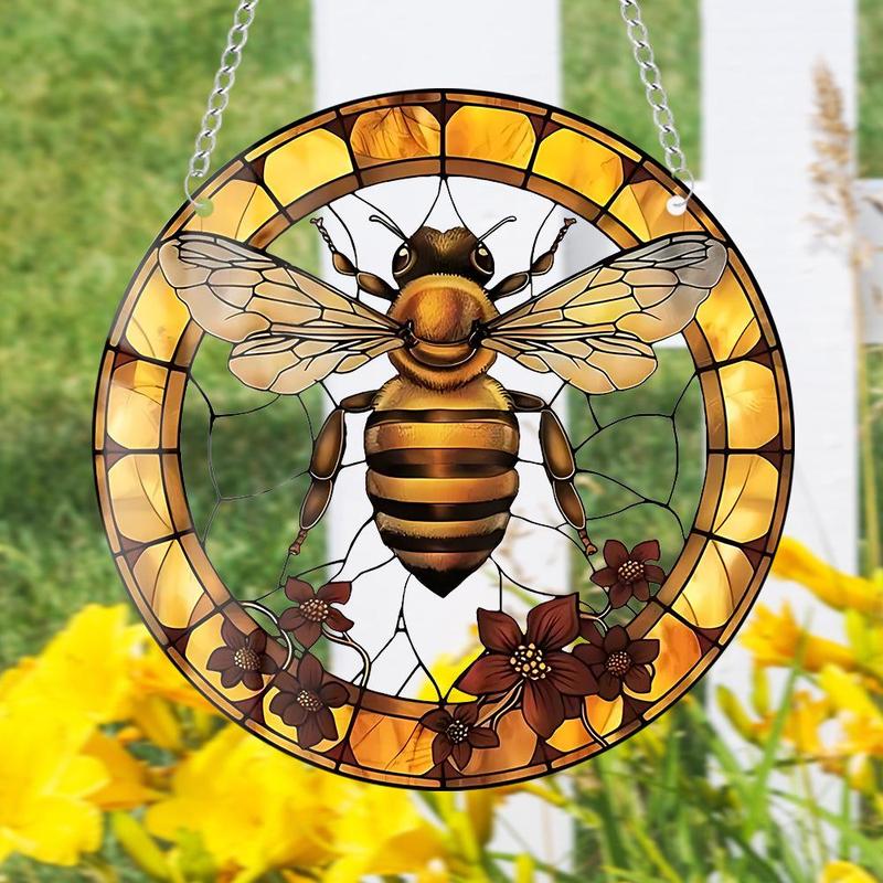 Bee & Flower Design Hanging Suncatcher, Round Colorful Hanging Ornament, Outdoor Hanging Decor for Garden, Patio, Yard, Home Decor