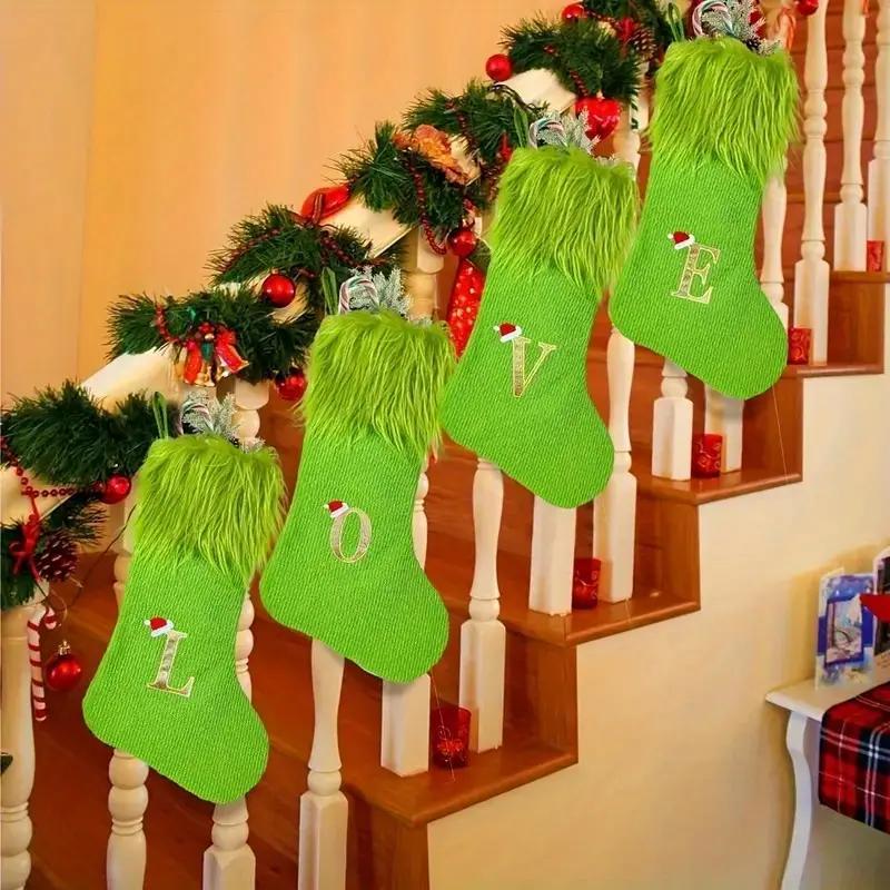 Letter Pattern Christmas Stocking, 1 Count Christmas Themed Stocking with Pom Pom Decor, Hanging Christmas Decoration for Home Party