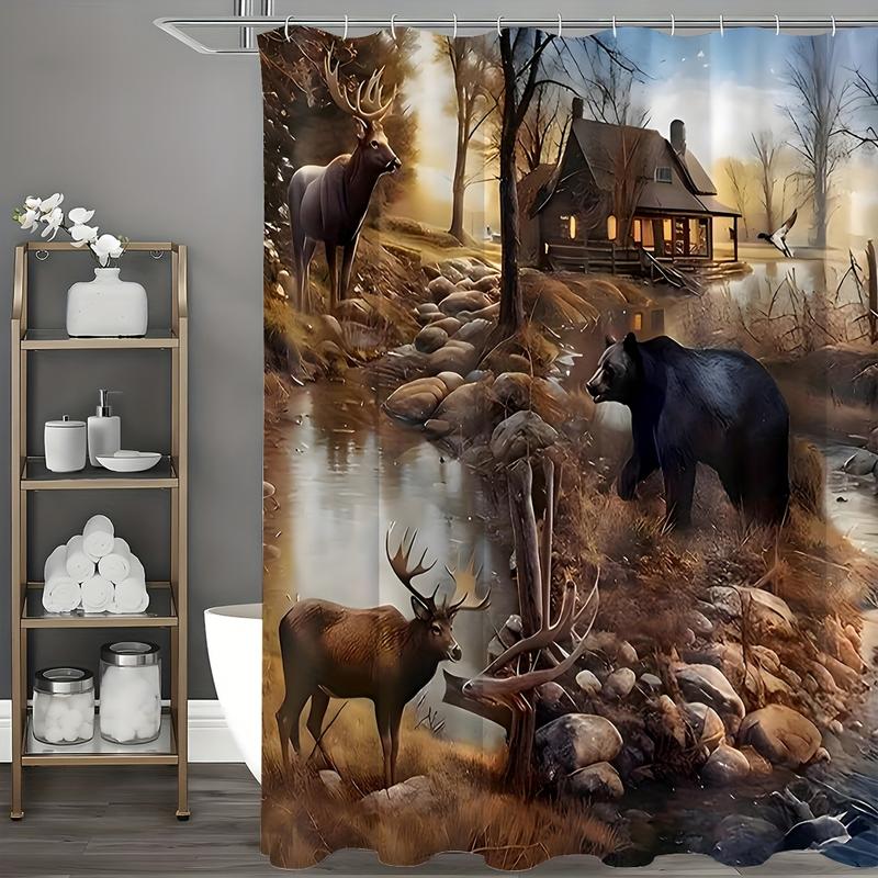 1pcs Bear & Deer Forest Splendor Bathroom Decor Set - Waterproof Shower Curtain with 12 Hooks,Create a Magical Sanctuary