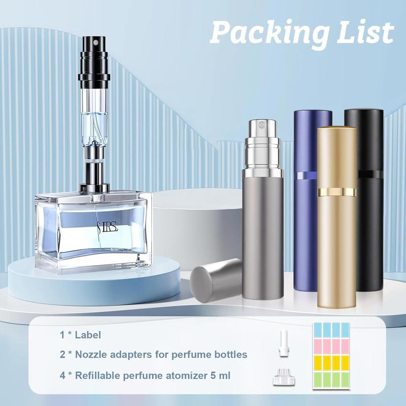 4PCS Perfume Atomizer Travel Refillable, Portable Cologne Sprayer Bottles for Travel, Bottom Pump Refilling Fragrances 5ml for Women Men (Black & Grey & Cham Gold & Rose gold)