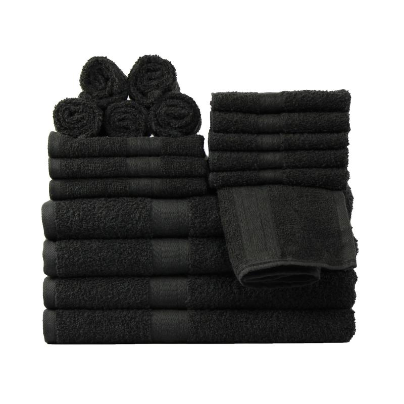 Basic Solid 18-Piece Bath Towel Set Collection, Black Cotton Hand