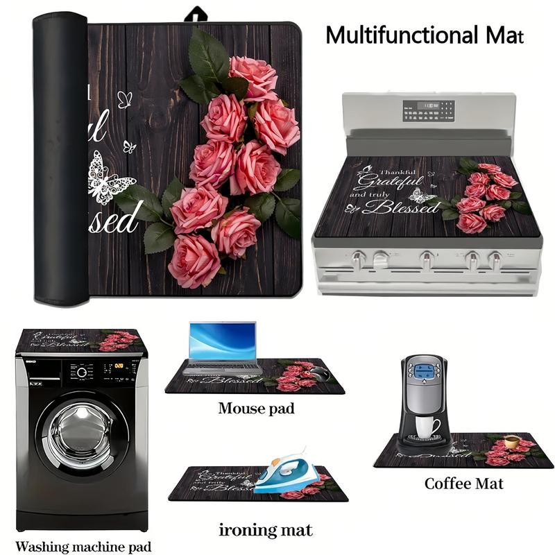 Rose & Letter Pattern Stove Top Cover, 1 Count Waterproof Thickened Rubber Protective Pad with 2 Hooks, Heat Resistant Non-slip Stove Top Cover