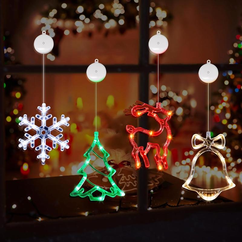 Christmas Window Decorations,4 Pack Jingle Bell Reindeer Christmas Tree Snowflake Christmas Window Lights with Suction Cup,Battery Operated(exclude) Indoor Lights for New Year Decorations Hook Slide