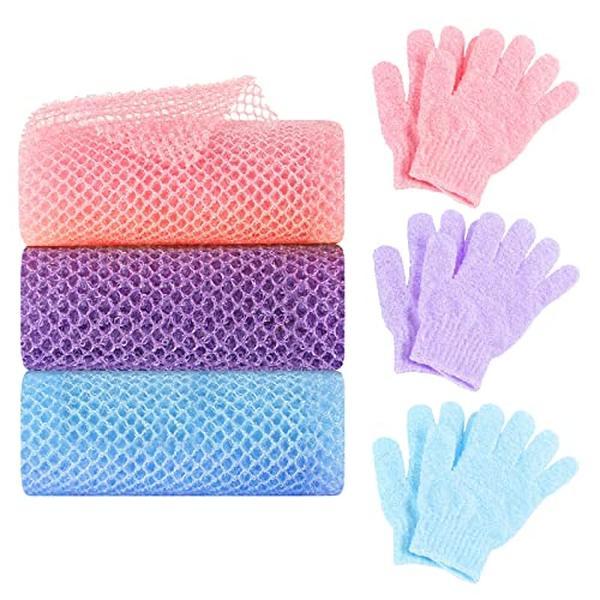 6 Pack African Net Sponge Exfoliating Glove Set, 3 Bath Sponge Body Scrubber Back Scrubber and 3 Pairs Accessories Skincare bodycare