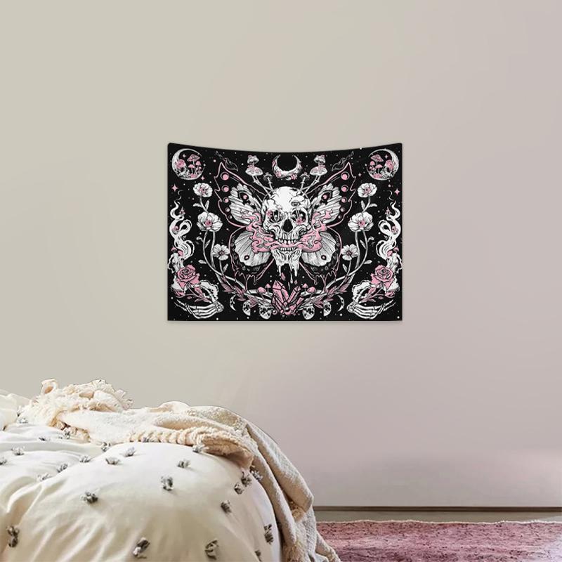 Floral & Skull Pattern Tapestry, Halloween Butterfly Mushroom Print Tapestry, Wall Hanging Decor for Home Living Room Bedroom, Room Decor