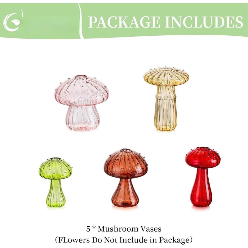 Mushroom Flower Vase, Cute Colored Glass Vase Set of 5,  Bud Small Vase , Aesthetic Decorative Vases for Home Decor, Hydroponic  Vase Indoor for Dining Room Centerpieces