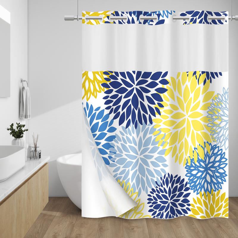 WITHLOC No Hook Shower Curtain with Snap in Liner - Dahlia Floral Shower Curtain - Fabric Waterproof Inner Liner, Plants Yellow Flowers Cloth Shower Curtains - Machine Washable, 71