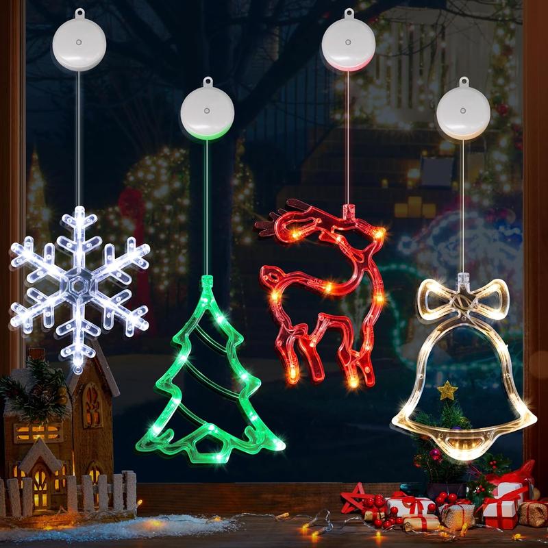 Christmas Window Decorations,4 Pack Jingle Bell Reindeer Christmas Tree Snowflake Christmas Window Lights with Suction Cup,Battery Operated(exclude) Indoor Lights for New Year Decorations Hook Slide