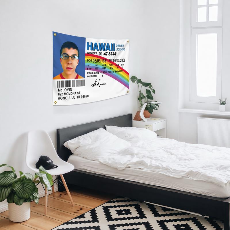 Mclovin ID Flag Fake Driver License 3x5 ft Mclovin Tapestry, Polyester with 4 Brass Grommets, Mc Loving Funny flags Poster for College Dorm Outdoor Banner