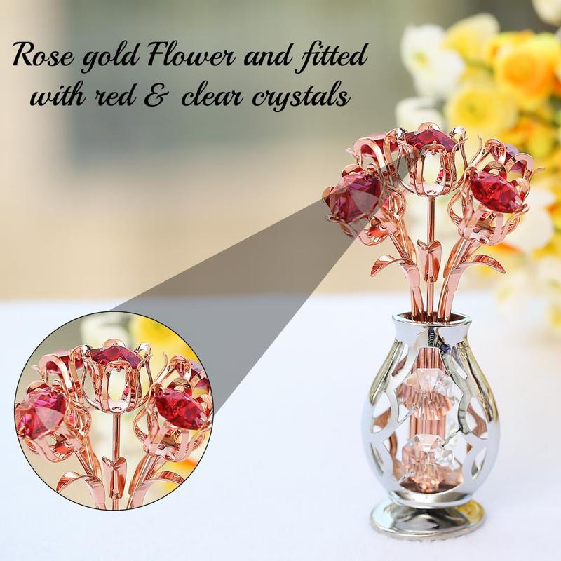 Matashi Gift for Her - Flowers Bouquet in Vase Ornament with Red Crystals, Gift Basket Ideas for Women - Rose Gold Plated Flower Gift for Mom on Mother's Day