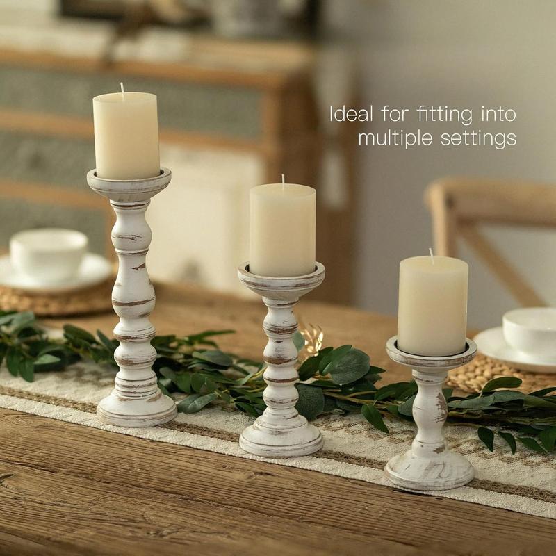 Wood Candle Holders for Pillar: Rustic Candles Holder Set of 3 Tall Table Centerpiece Decor Wooden White Farmhouse Candle Stands for Fireplace Mantle Decorations Light Lightweight