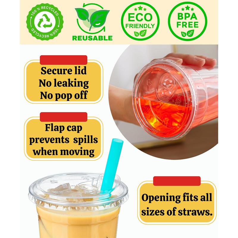 25 Sets of 20 oz Disposable Clear Plastic Cups with Sip - Lids. To-Go Iced Coffee Cups with Strawless Lids for Smoothie, Milkshake and Cold Drinks.