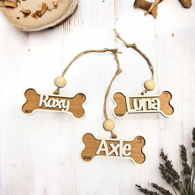 Reclaimed Wood Dog Bone Ornament Hanging Charm customized with name