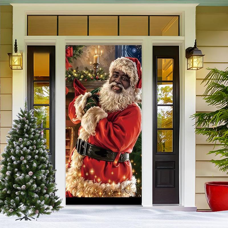 Santa Claus Door Cover, 1 Count Christmas Themed Door Decoration, Door Hanging Decoration with 4 Rings, Festive & Party Supplies