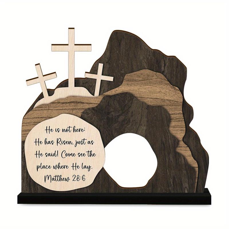 Tomb Resurrection Scene Decoration, 1 Count Wooden Jesus Nativity Themed Cross Pattern Figurines Table Decoration, Christmas Home Ornament for Living Room Bedroom