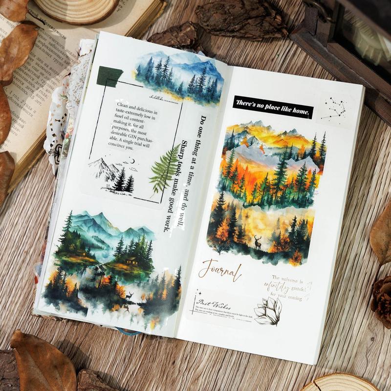 Mountain & River & Tree Pattern Sticker, 10pcs pack Scrapbooking & Stamping Sticker, DIY Decorative Sticker for Stationery Computer Water Bottle