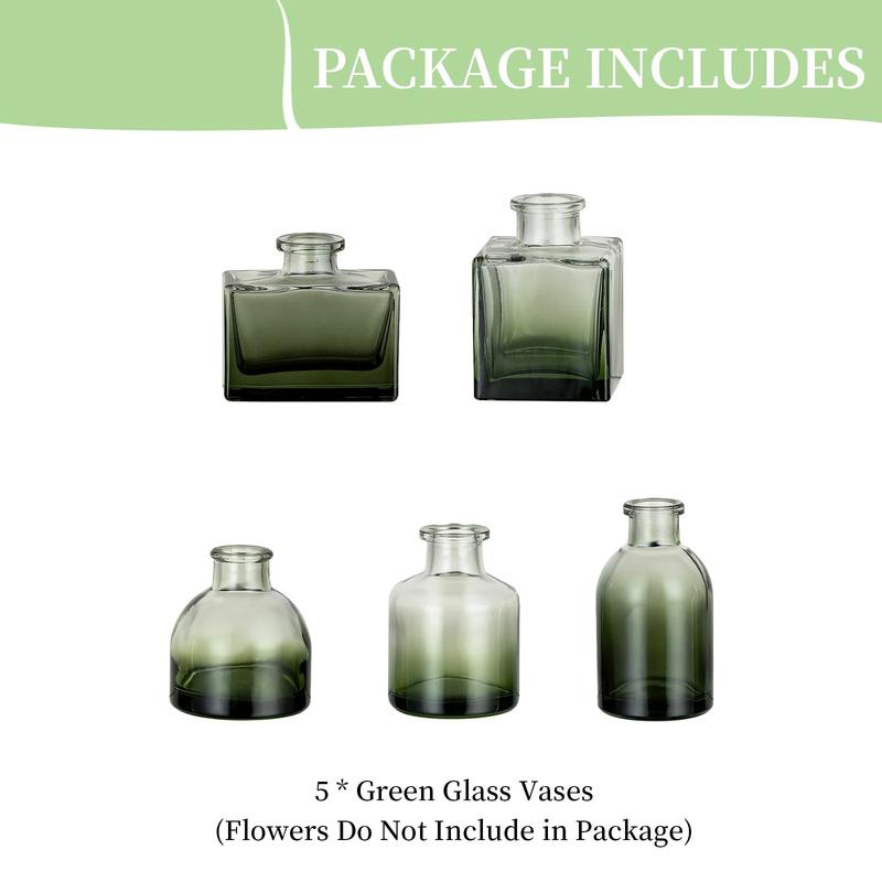 Green Glass Bud Vase: Mini Small Vases for Centerpieces Cute Flower Vase Set of 5 Tiny Vases for Flowers Decorative Centerpiece Vases for Table Decor Wedding Party Dining Room Decoration