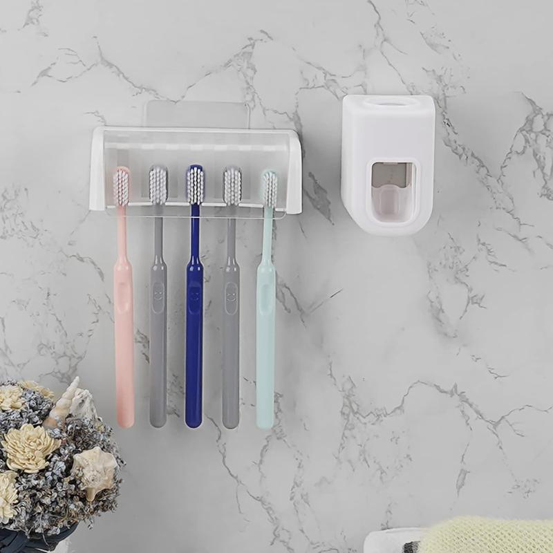 5 Slots Wall Mount Toothbrush Holder with Cover, Self Adhesive Toothbrush Storage Organizer for Shower, with Automatic Toothpaste Squeezer Dispenser