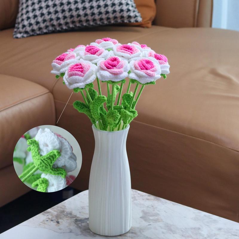 Halloween Artificial Rose Flower Bouquet with 1 Vase & 10pcs Crochet Flower, 11pcs set Fall Decor 2024 Handmade Knitted Flowers & Plants Ornament for Home & Wedding Party Decor, Room Decor, for Halloween Decor, Fall Decor, Home Decor 2025, Men Gifts