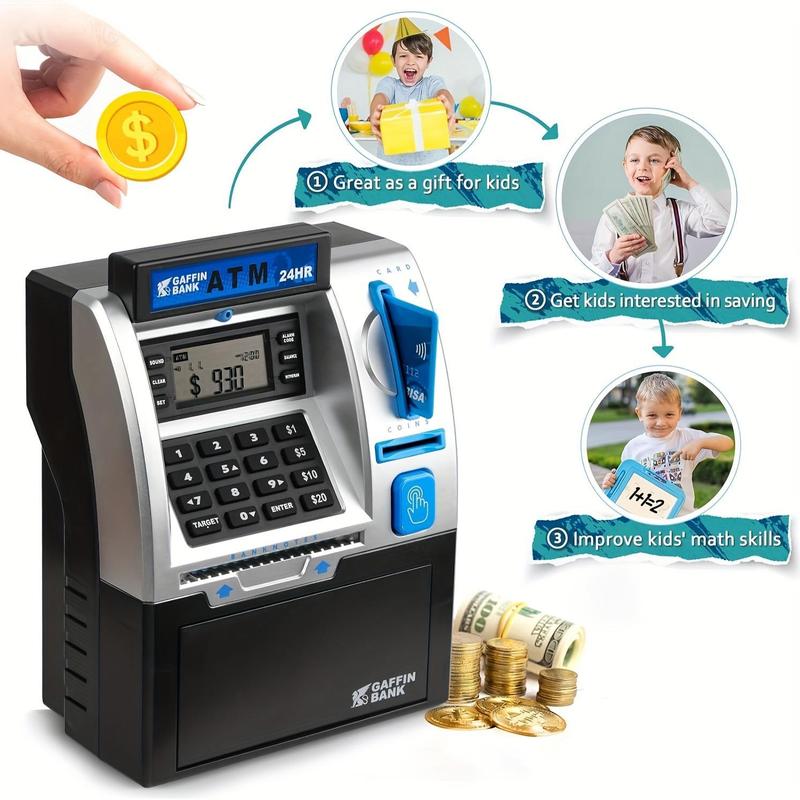 Piggy Bank For Boys Girls, Kids Money Safe Bank For Bills And Coins, Electronic ATM Cash Coin Bank Money Saving Box With Password, For Boys Girl (Black Silver, X-Large) Halloween Christmas Gifts