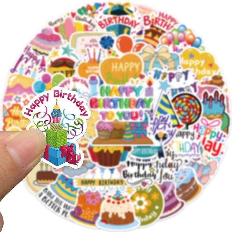 50pcs Cute Cartoon Happy Birthday Pattern Sticker, DIY Decoration Sticker for Wall Water Bottle Skateboard Helmet Car Bike Luggage Laptop